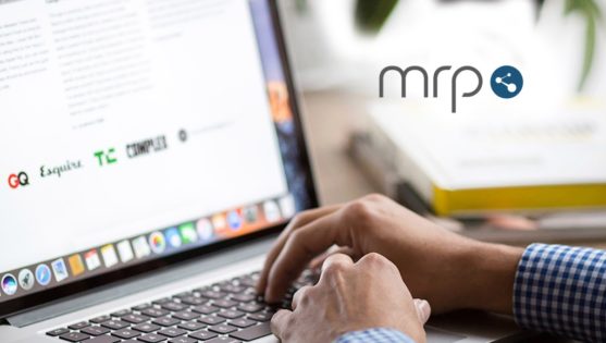 At the top right corner, the MRP logo. In the center, there is a laptop, and hands are visible operating it.