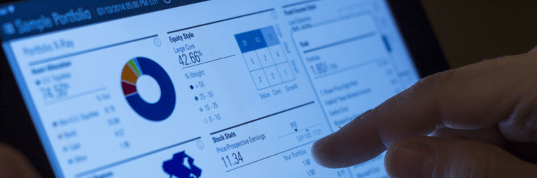 A close-up view of the MRP website displays the title "Sample Portfolio" along with some graphs and numbers.