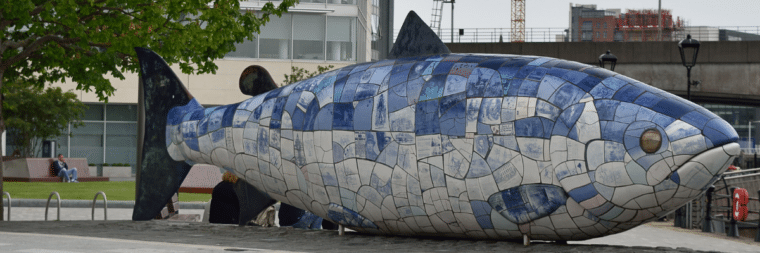A large fish sculpture in Belfast, Northern Ireland.