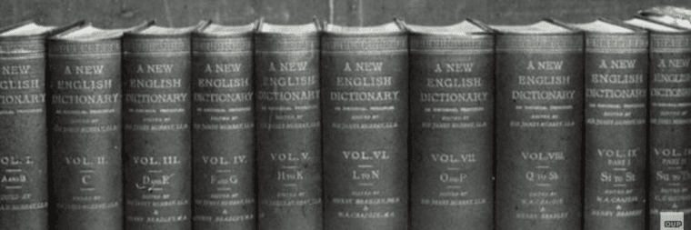 Ten books labeled "A new English Dictionary", with the image displayed in black and white.