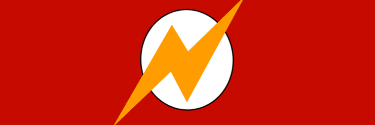 A red banner with a white circle in the middle and a yellow lightning bolt.