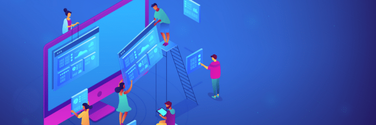 An illustration that depicts a group of tiny people working on a large computer screen. The people are adding tables and graphs to the screen, indicating that they are likely working on data analysis or a similar task. One of the people is seen standing on a ladder, reaching up to locate a graph at the top of the laptop screen. The image suggests a busy and collaborative work environment focused on analyzing and visualizing data.
