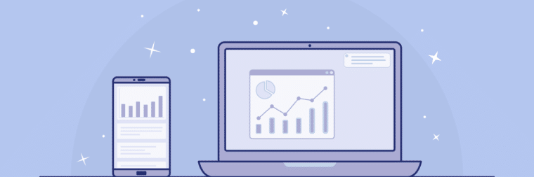 An illustration of a laptop and a phone, both displaying bar graphs on a light blue background.